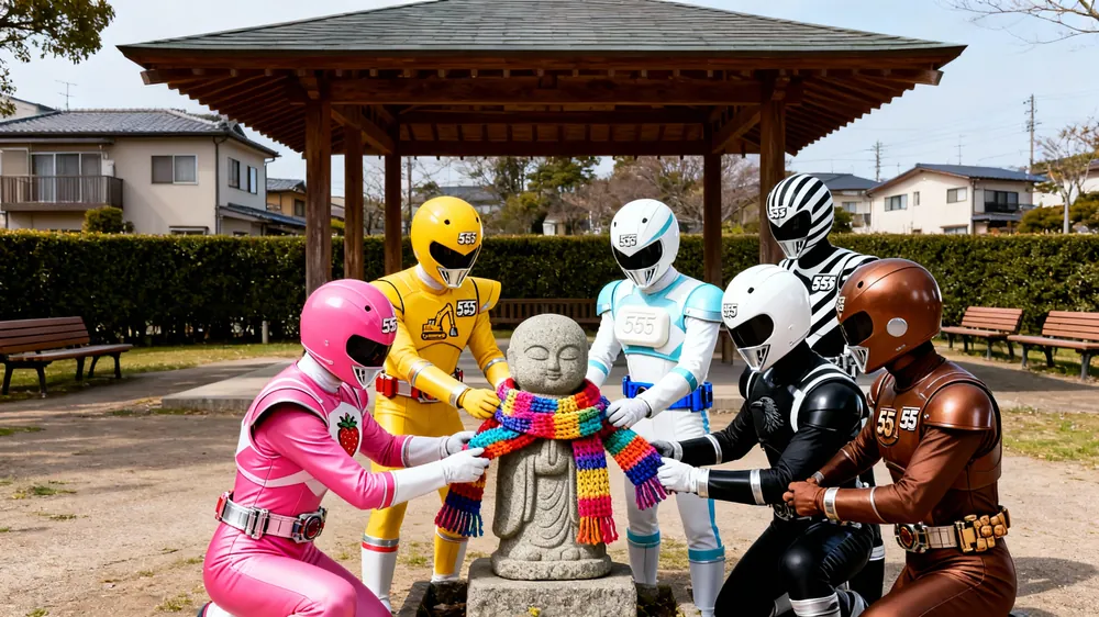お地蔵さんにマフラーを巻いてあげるレンジャー